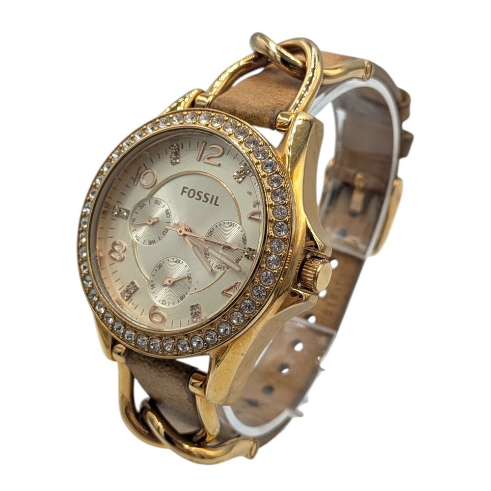 Fossil Watch Riley Women's Beige Gold Crystal Bezel Analog Dial Quartz Wristwatc